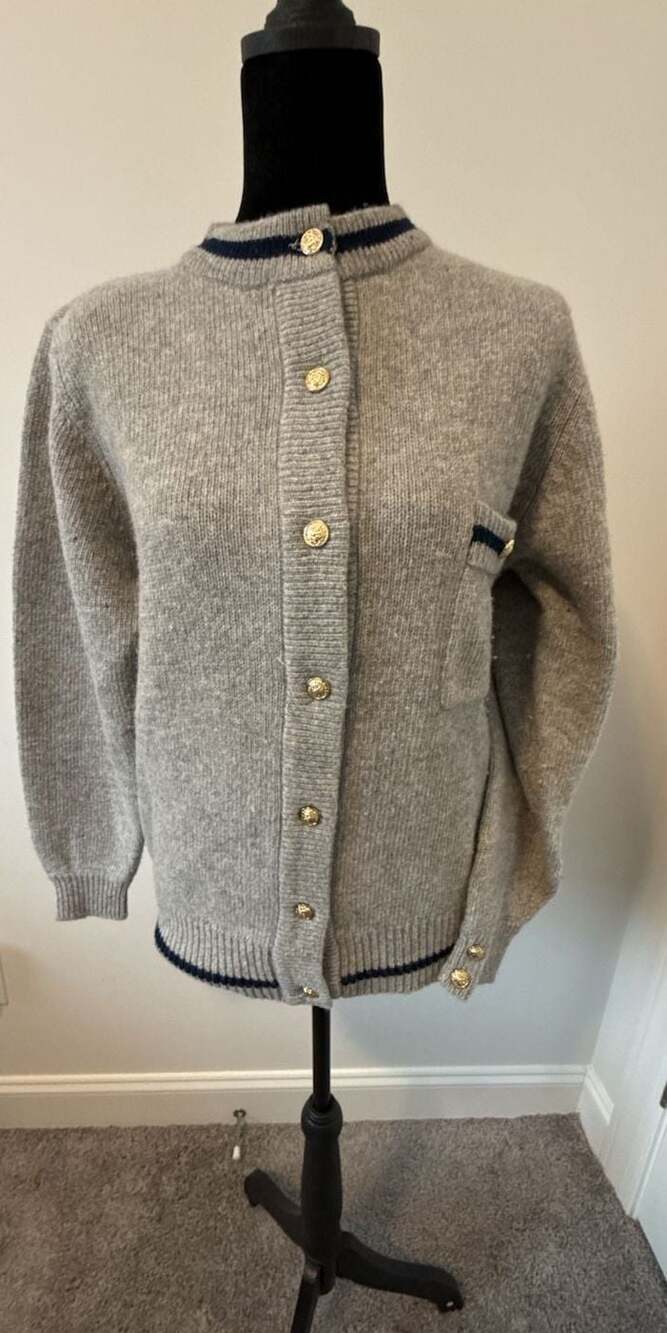 Jayson Younger Vintage 100% Lambswool Grey Cardigan Navy Trim Gold Buttons M